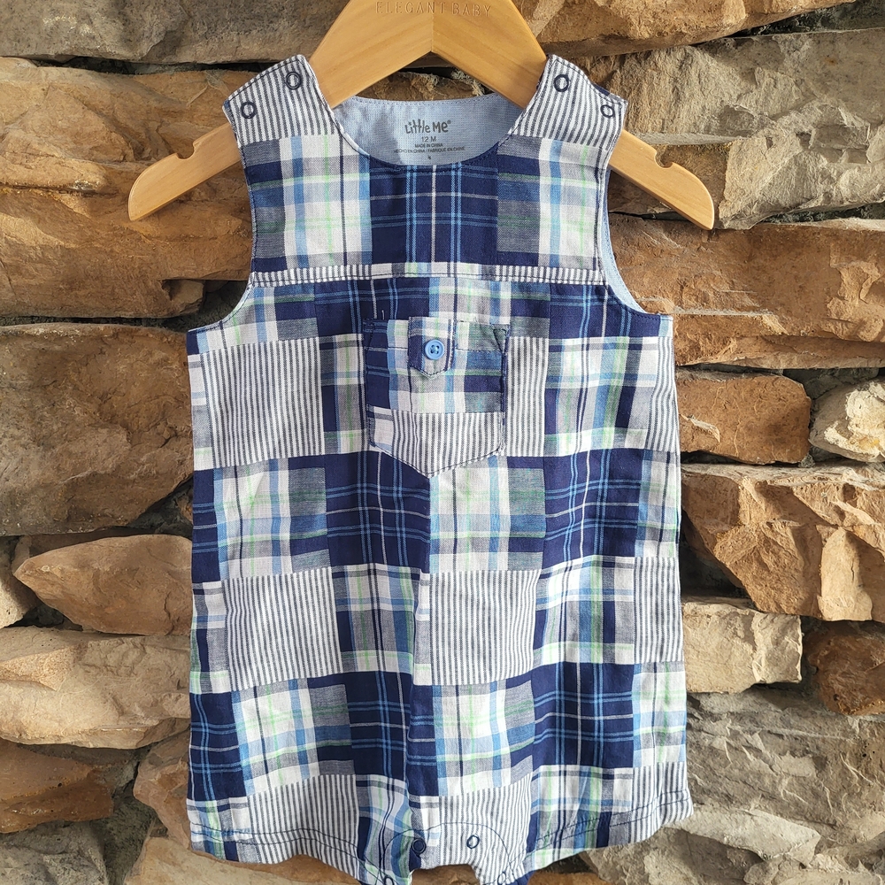 Little Me Blue and Green Plaid Romper